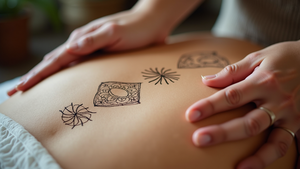 Close-up view of Reiki symbols drawn in the air during a healing session