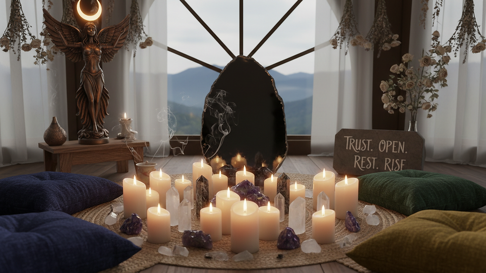 Eye-level view of a serene meditation space with candles and crystals