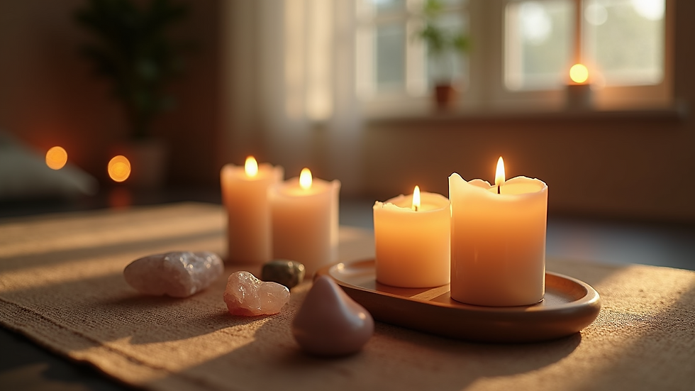 Eye-level view of a peaceful meditation space with candles and crystals