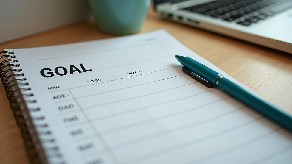 Eye-level view of a calendar and goal-setting notebook