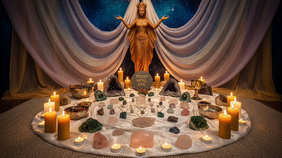Eye-level view of a serene healing space with candles and crystals arranged for energy work