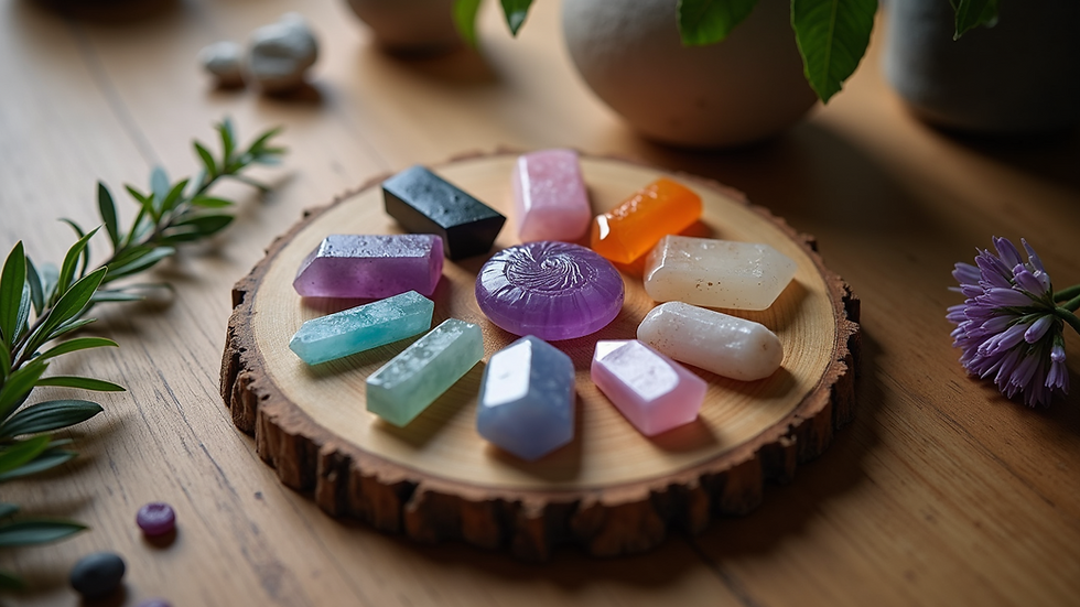 High angle view of a Reiki crystal grid arranged on a wooden table