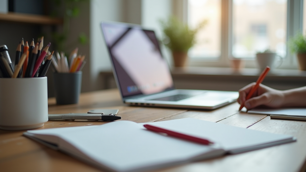 Eye-level view of a tidy workspace with stationery and a laptop