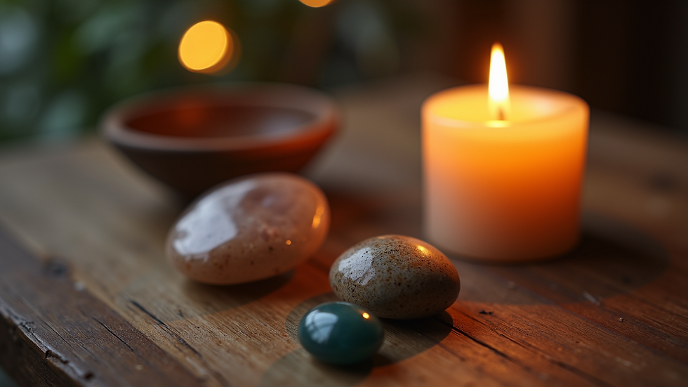 Close-up view of a glowing candle and healing stones on a wooden table