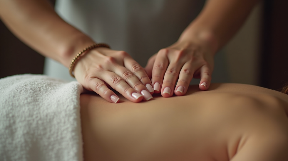Close-up view of Reiki practitioner’s hands hovering over a client’s back