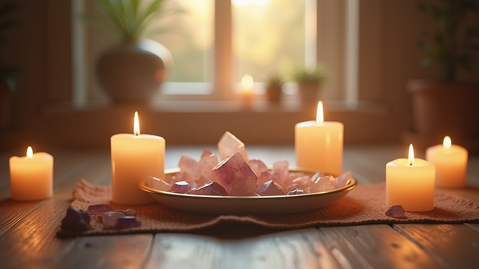 Eye-level view of a serene meditation space with candles and healing crystals