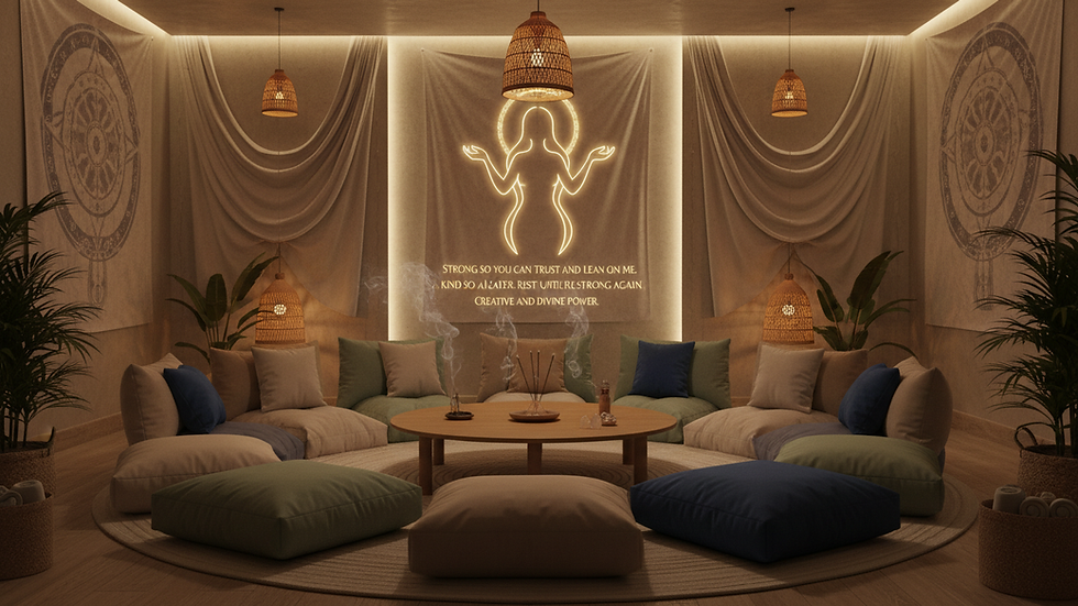 Eye-level view of a serene meditation space with cushions and soft lighting