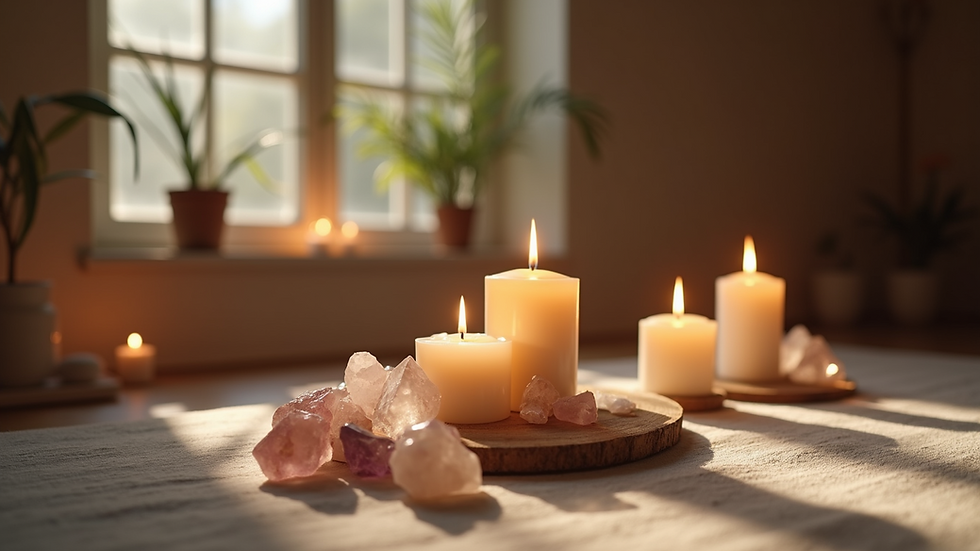 Eye-level view of a peaceful meditation space with candles and crystals