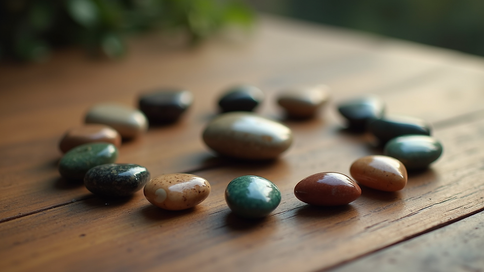 High angle view of chakra stones arranged in a circle on a wooden surface