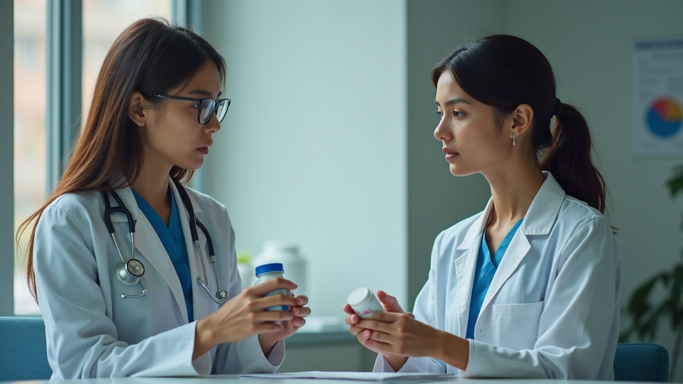 High angle view of a doctor discussing prescription medications with a patient