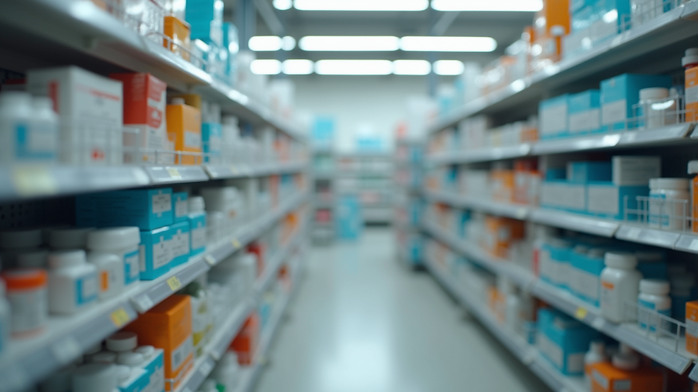 Eye-level view of pharmacy shelves stocked with specialty medications