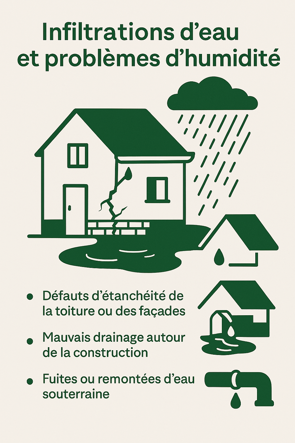 Infographie en vert et blanc présentant les principales malfaçons pouvant entraîner des fissures dans les bâtiments. Elle illustre les problèmes liés aux fondations inadaptées, aux défauts de chaînage, aux dosages de béton incorrects, aux jonctions mal conçues entre matériaux et à une mauvaise gestion des eaux pluviales.