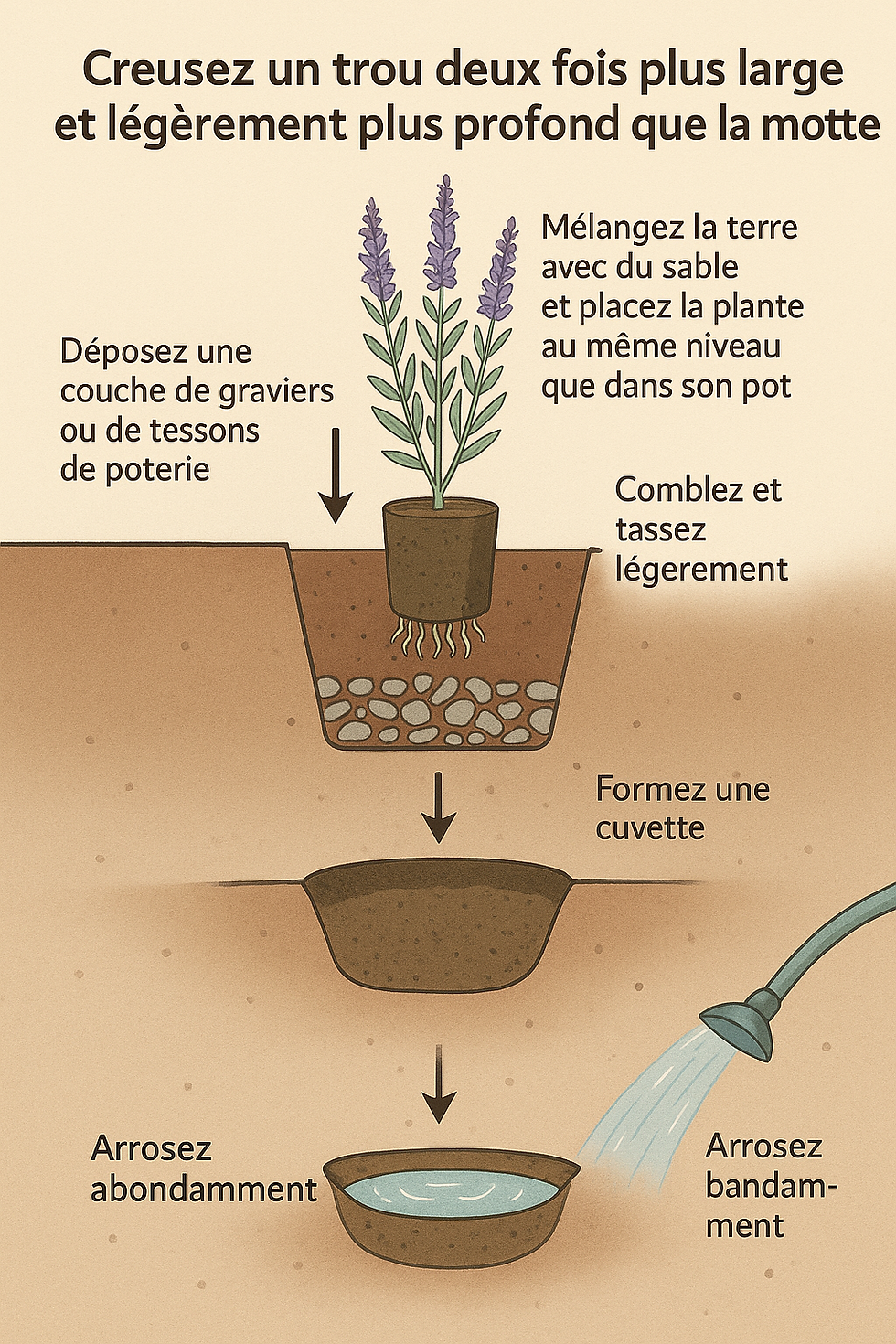 Guide étape par étape pour la plantation du Perovskia : illustration détaillée montrant la technique optimale pour installer cette vivace méditerranéenne. Creusez un trou deux fois plus large et légèrement plus profond que la motte, déposez une couche de graviers ou de tessons de poterie pour assurer un drainage parfait, mélangez la terre avec du sable, placez la plante au même niveau que dans son pot, comblez et tassez légèrement, formez une cuvette et arrosez abondamment pour favoriser l'enracinement de cette plante résistante à la sécheresse