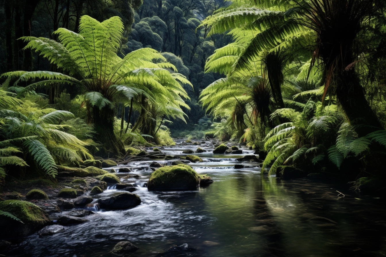 Image paisible d'une forêt dense de fougères arborescentes avec des frondes luxuriantes s'élevant des deux côtés d'une rivière sinueuse. Les fougères forment un auvent verdoyant, capturant la lumière tamisée qui filtre à travers la brume. La rivière, parsemée de roches moussues, coule doucement, créant un tableau d'une sérénité absolue et d'une beauté naturelle intemporelle.