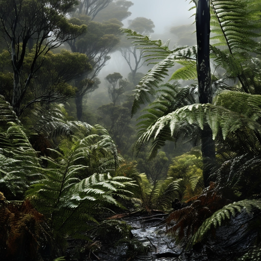 "Image captivante d'une forêt ancestrale sous une brume légère, dominée par des fougères arborescentes et des cycas évoquant une époque révolue. Les feuilles des cycas, ressemblant à des fougères, se déploient gracieusement, recouvertes de gouttelettes d'eau, tandis que les hauts arbres s'élèvent en arrière-plan, enveloppés dans le brouillard.