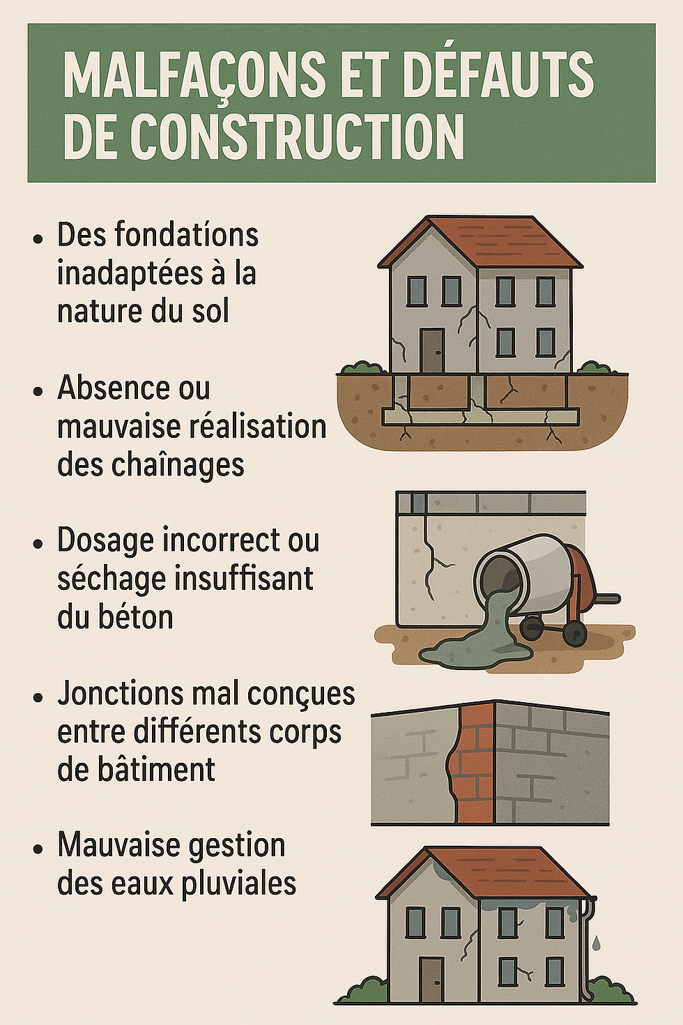 Visuel explicatif montrant les différentes origines possibles d’infiltrations d’eau responsables de fissures. On y voit les défauts d’étanchéité de la toiture, un mauvais drainage, des fuites de canalisations et la remontée de la nappe phréatique. L’infographie met en évidence leurs conséquences sur les fondations.