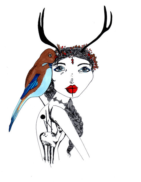 Spellbound illustration of horned goddess with bird, mother of all myth, by Letisia Cruz.
