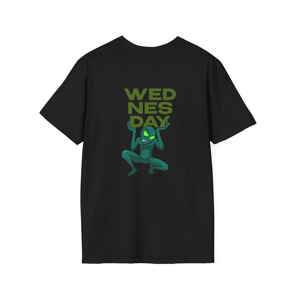 Back view of alien struggling to lift “Wednesday” spelled in large block letters funny hump day design.