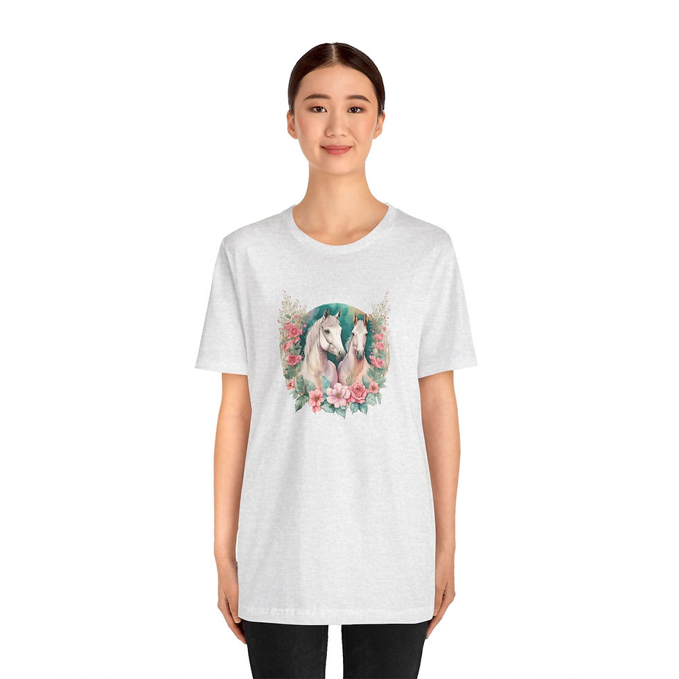 Model wearing Pastel Floral Pair Horse Lover Shirt – horse pair shirt.