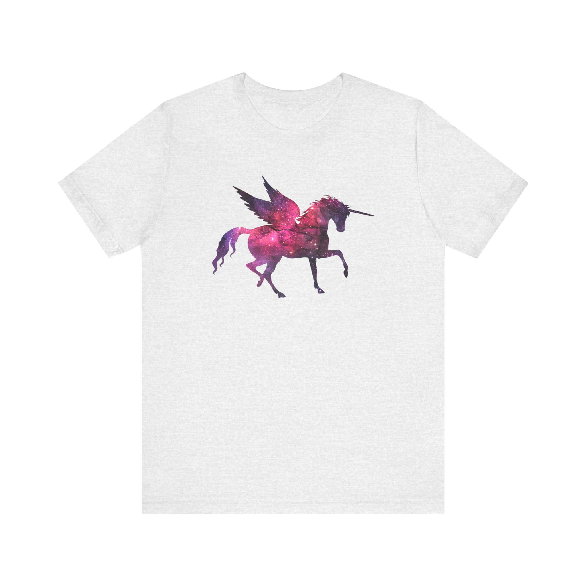 Front view of winged unicorn silhouette filled with pink and purple galaxy nebula on white shirt.