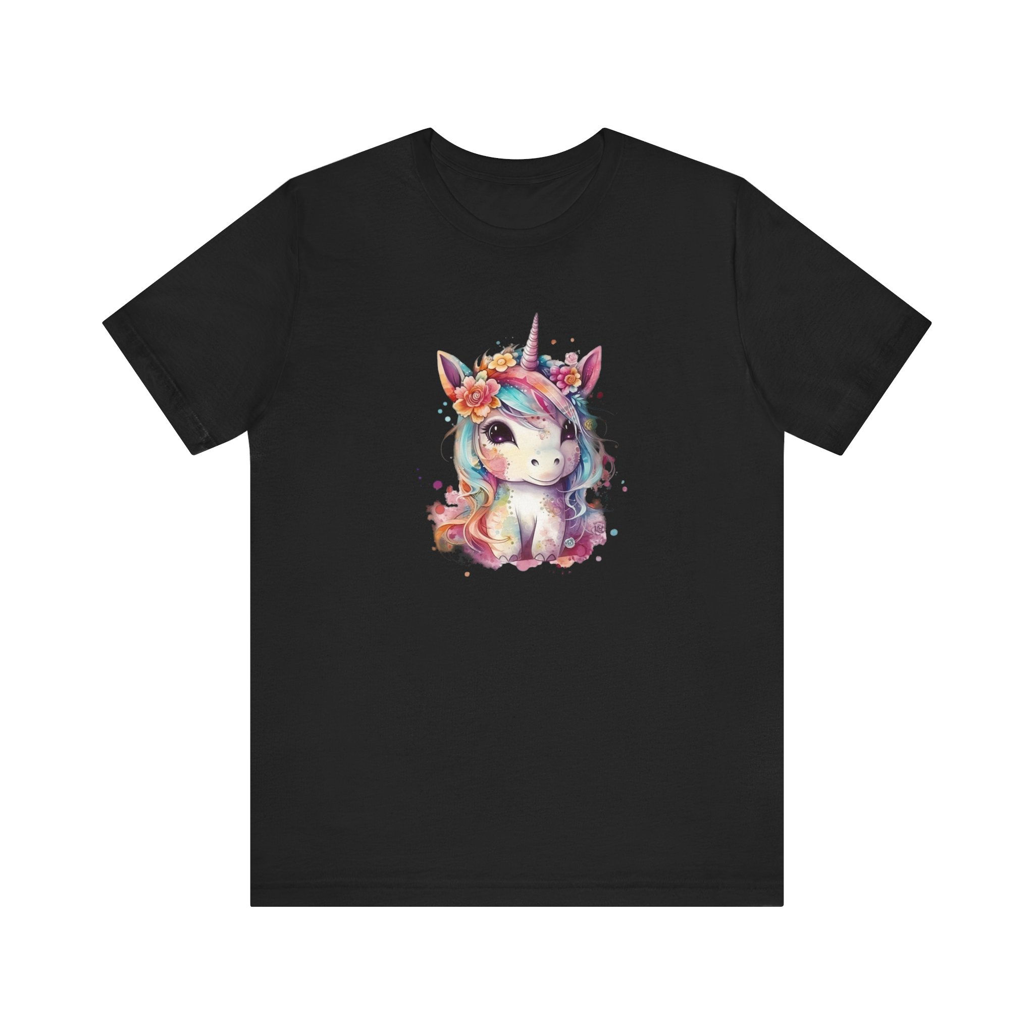Front view of cute unicorn with colorful floral crown and bright pastel mane.