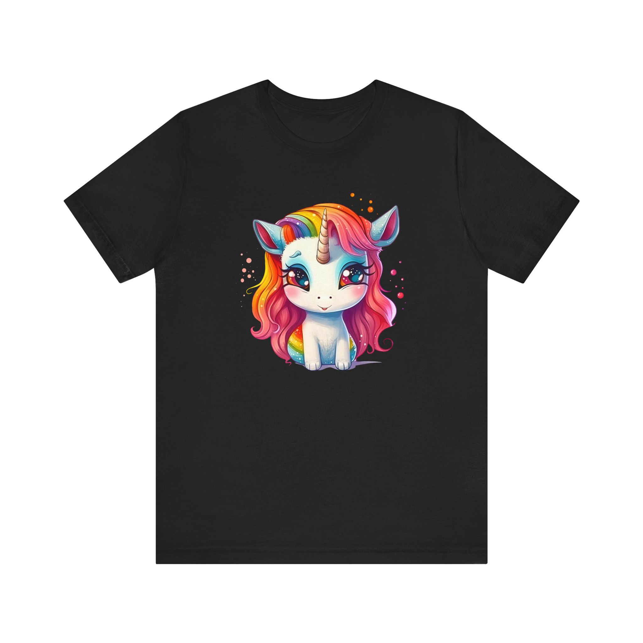 Front view of baby unicorn with pastel rainbow mane and large eyes.