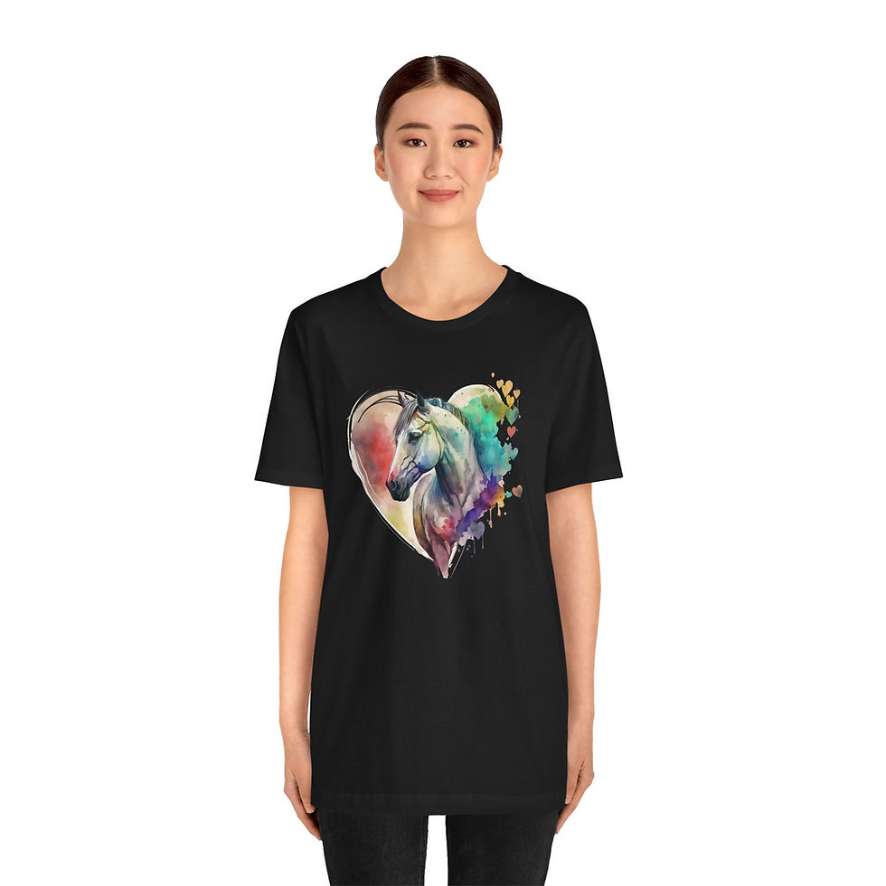 Thumbnail: Model wearing watercolor horse lover heart shirt – horse lover gift.