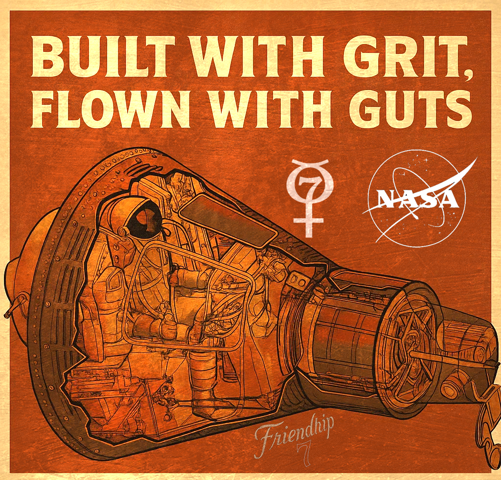 Friendship 7 capsule cutaway diagram with astronaut, Mercury 7 logo, and text Built with Grit, Flown with Guts Friendship 7.