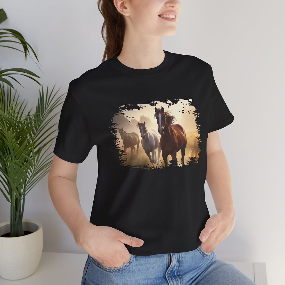 Thumbnail: Model wearing Dawn Stampede Wild Horses Shirt – galloping horses T-shirt.
