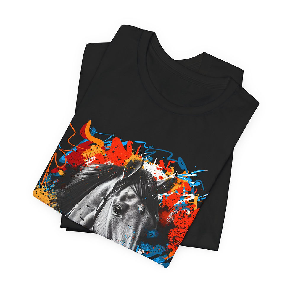 Folded view of Urban Burst Watercolor Horse Shirt – abstract horse art shirt.