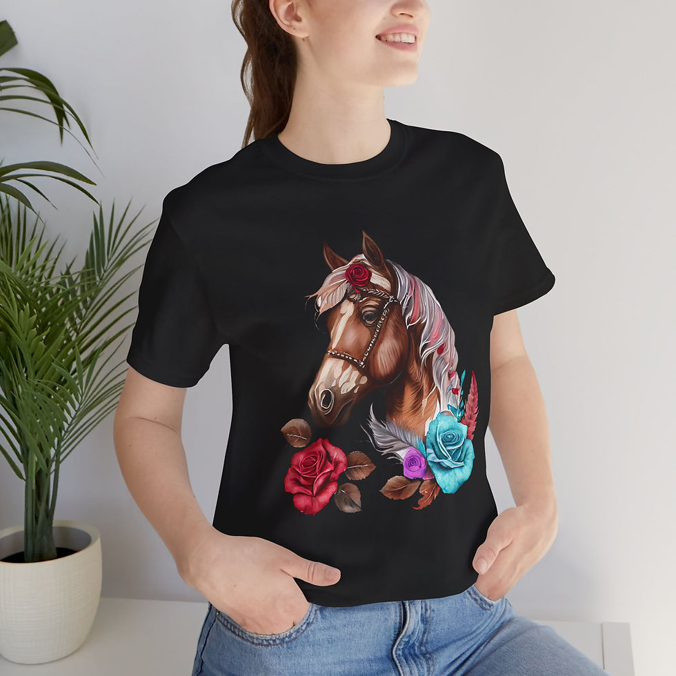 Thumbnail: Model wearing Scarlet Rose Floral Horse Shirt – rose horse design.