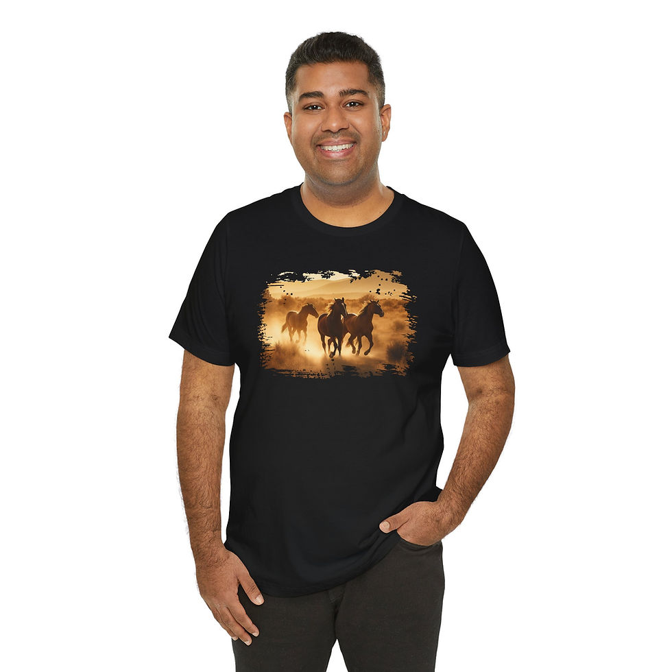 Thumbnail: Model wearing Dust & Thunder Wild Horses Shirt – western horse art tee.