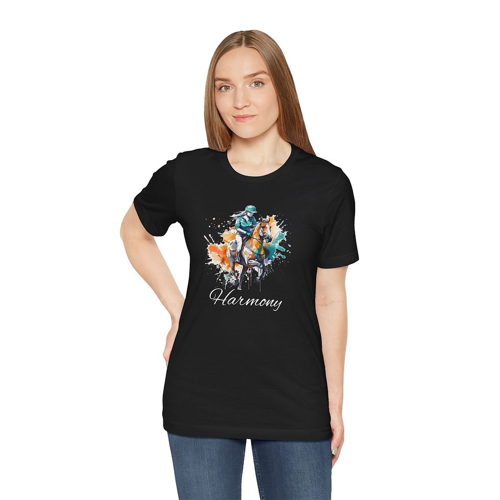 Thumbnail: Model wearing Harmony Horse Rider Shirt – horse rider motivational equestrian shirt.