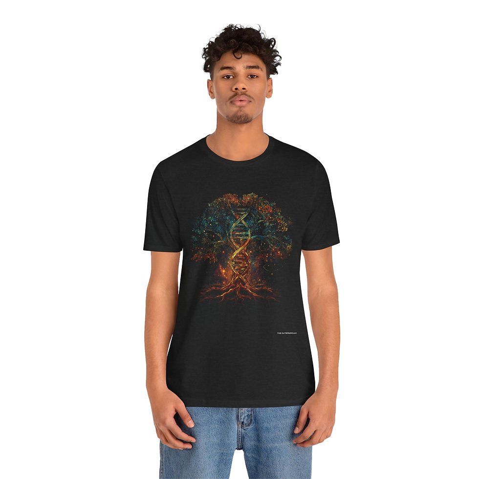 Thumbnail: Model wearing DNA Tree science tree design graphic T-shirt by The OuterMoo.
