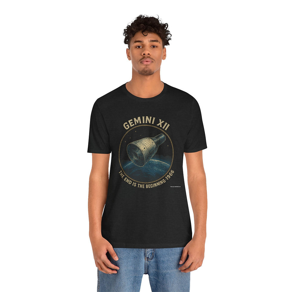 Thumbnail: Model wearing Gemini XII – The End Is the Beginning graphic tee by The OuterMoo – final Gemini mission design.