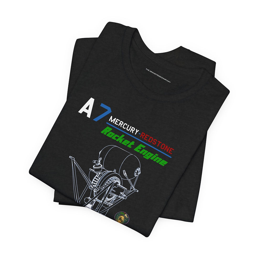 Thumbnail: Flat lay of A7 Mercury-Redstone Rocket Engine black unisex cotton graphic tee – The OuterMoo.
