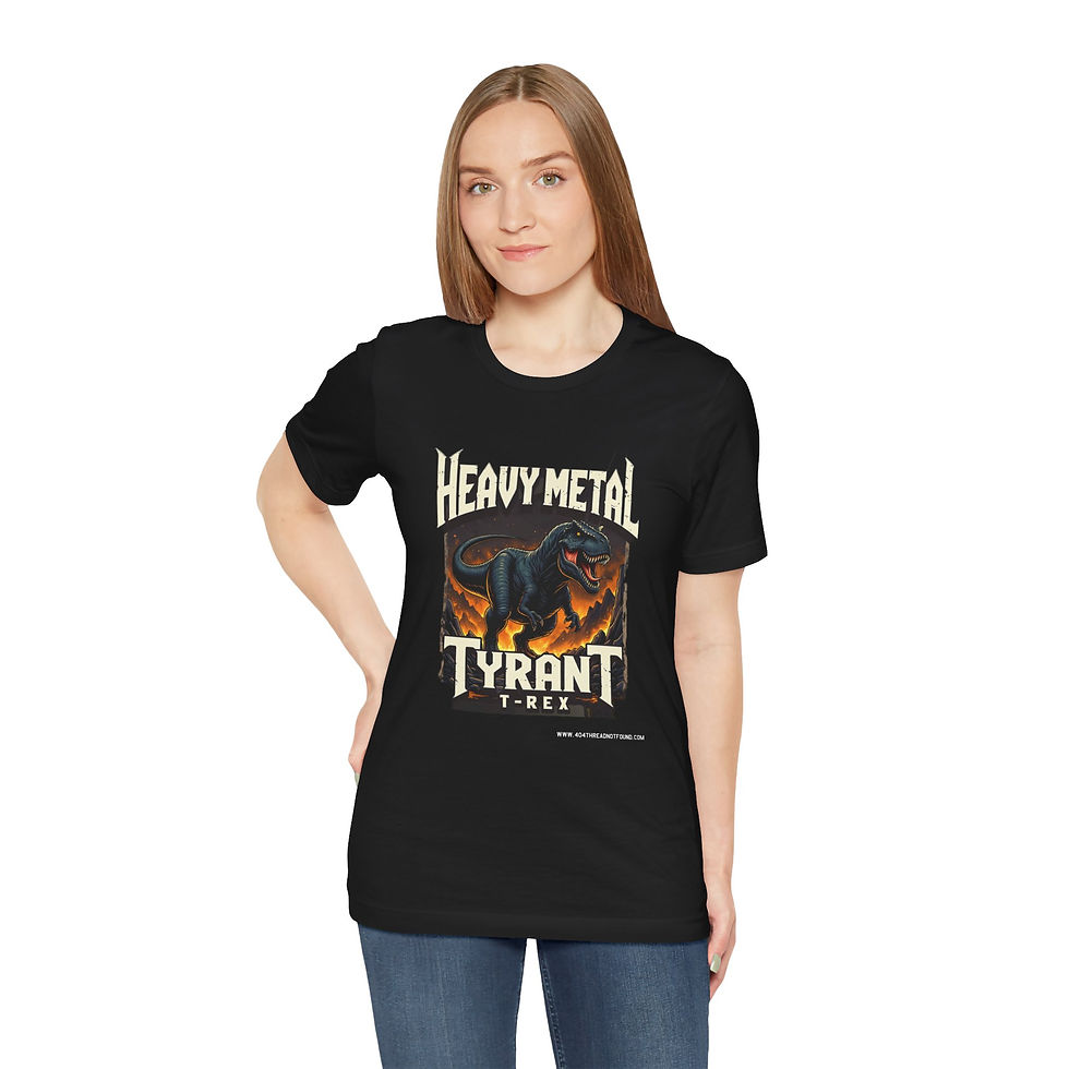 Thumbnail: Model wearing T-Rex heavy metal shirt.