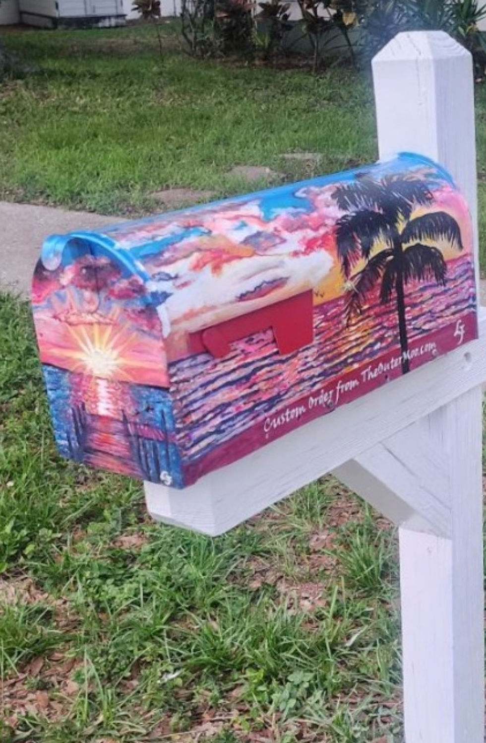 Thumbnail: Handpainted Custom Tropical/Space Themed Mailbox one side