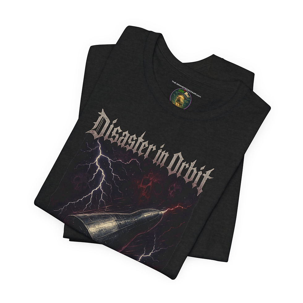 Thumbnail: Flat lay of Disaster in Orbit Gemini VIII graphic tee unisex T-shirt by The OuterMoo.