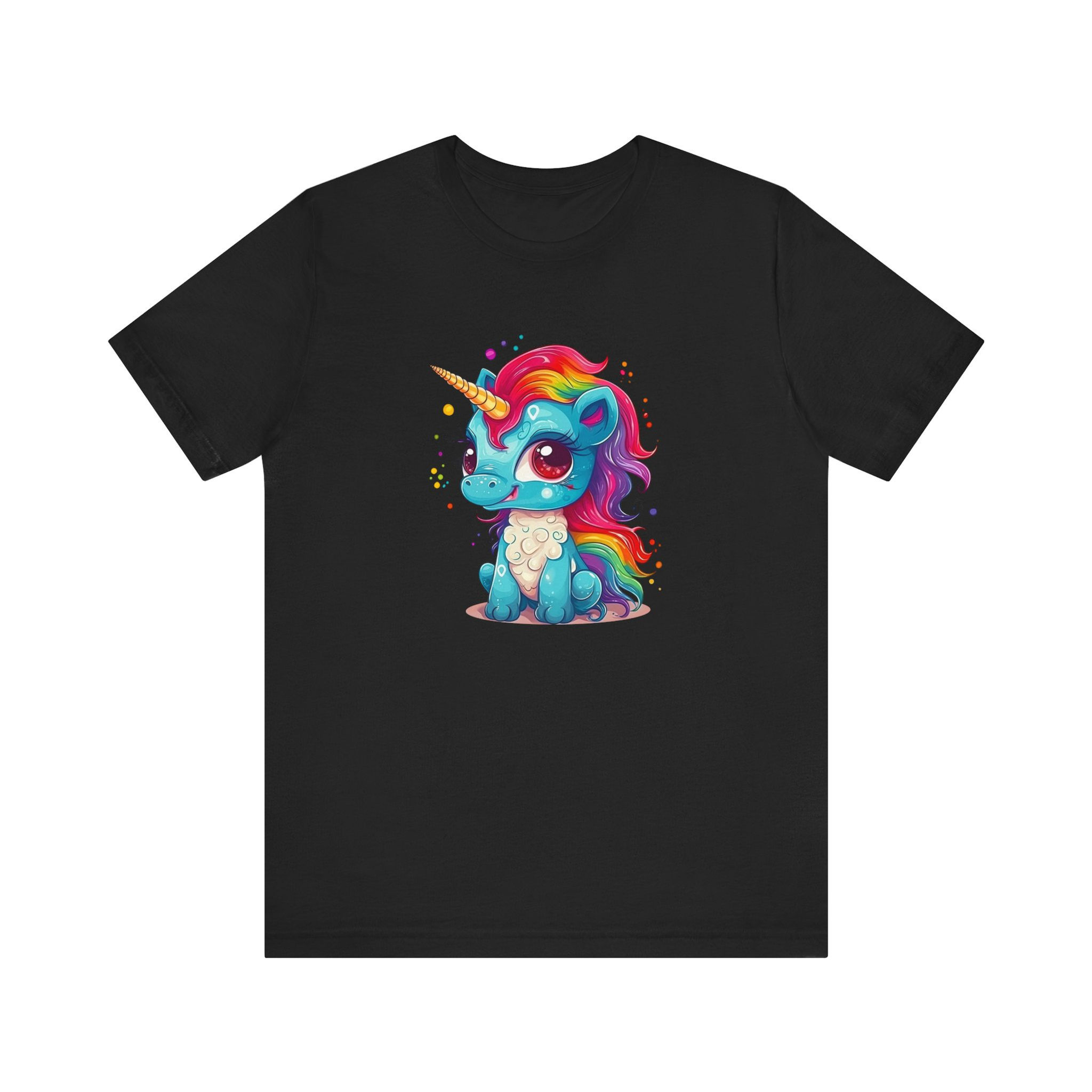 Front view of cute baby unicorn with rainbow mane and sparkly glossy style.