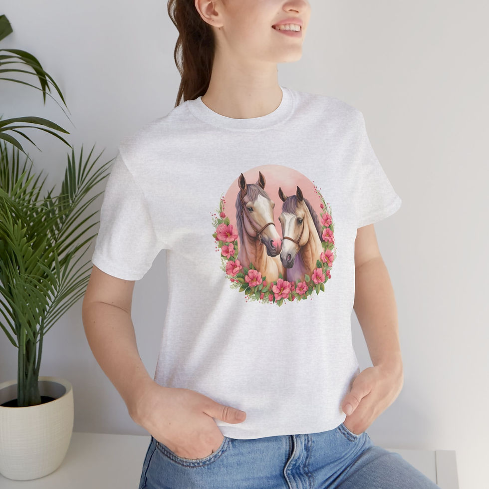 Thumbnail: Model wearing Floral Pair Portrait Horse Lover Shirt – horse girl shirt.