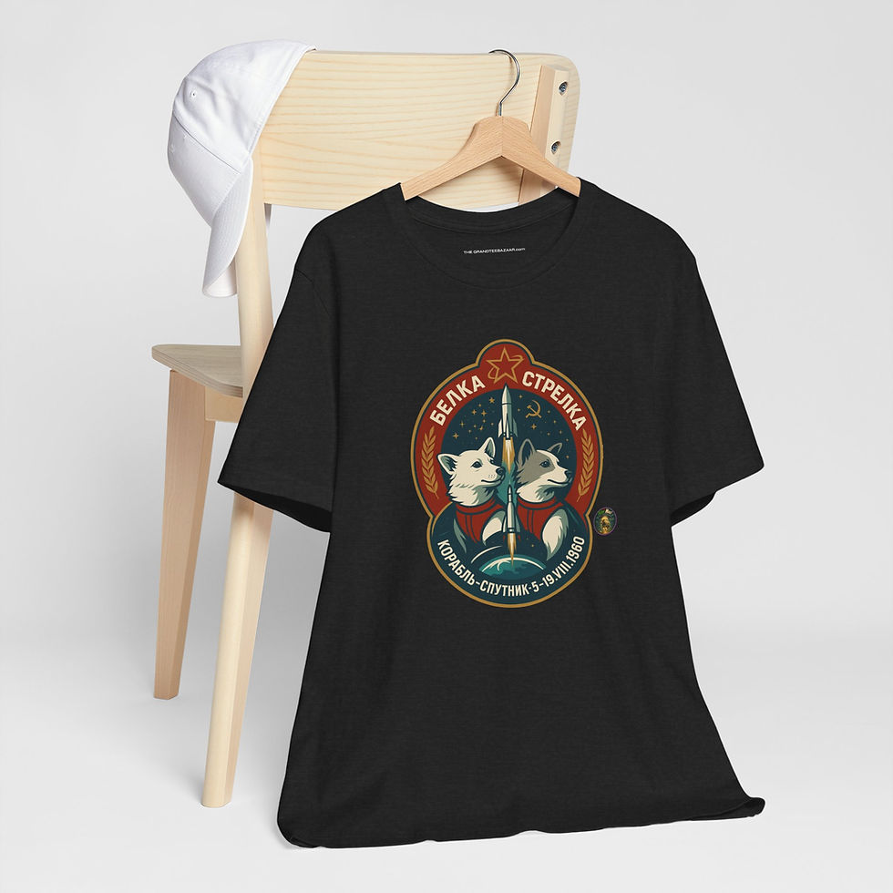 Thumbnail: Front view of Belka and Strelka Russian space dogs mission patch tee by The OuterMoo – retro Space Race shirt.