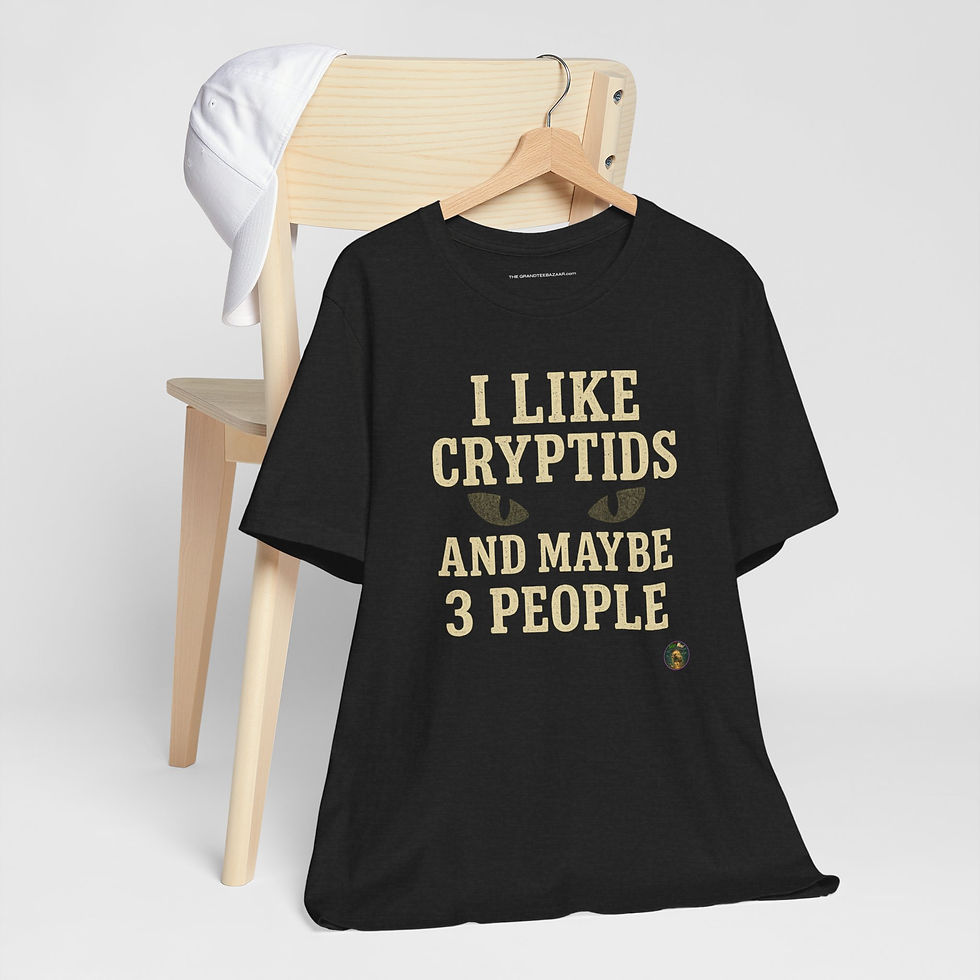 Thumbnail: Hanging view of I Like Cryptids and Maybe 3 People – introvert cryptid shirt.