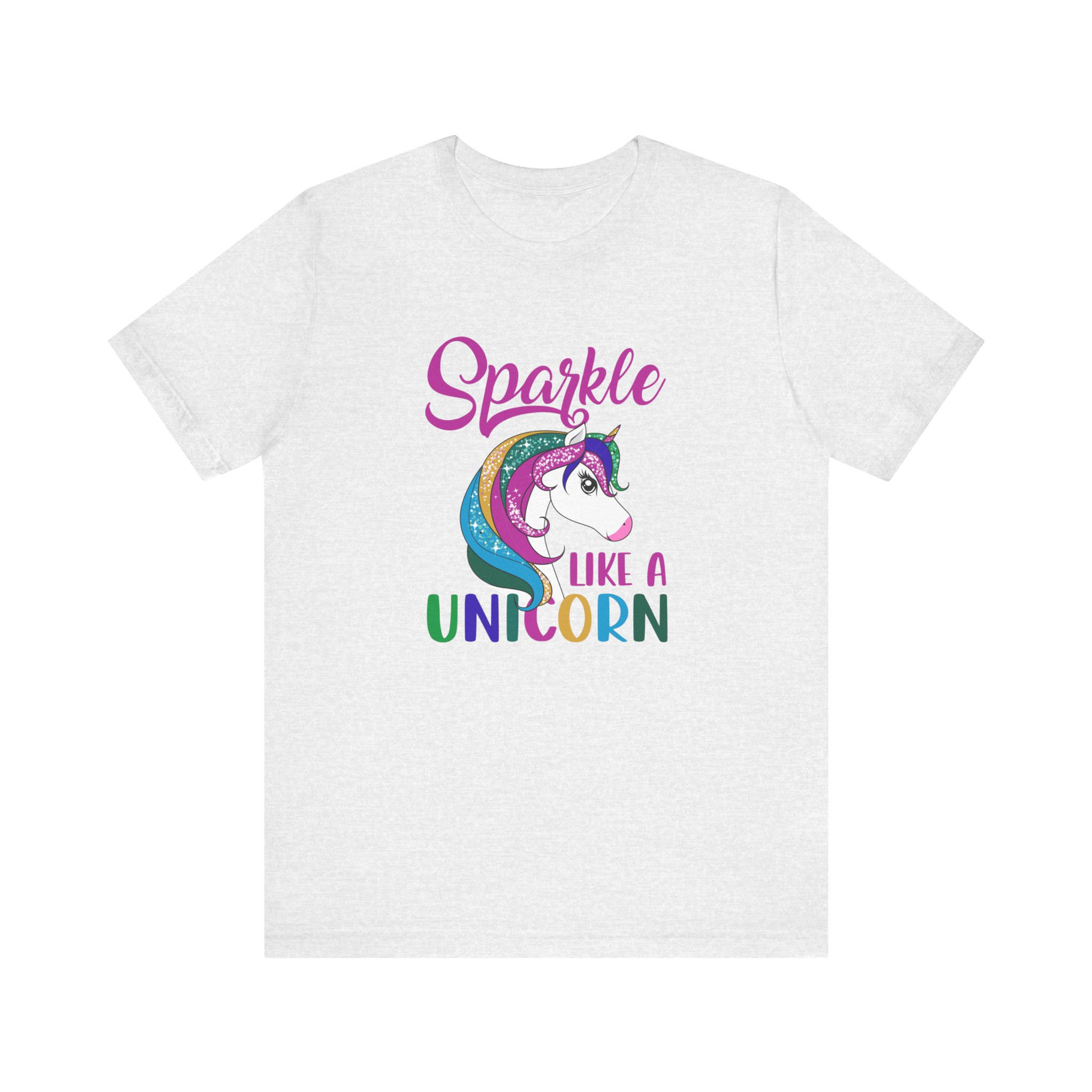 Front view of colorful unicorn with “sparkle like a unicorn” text.