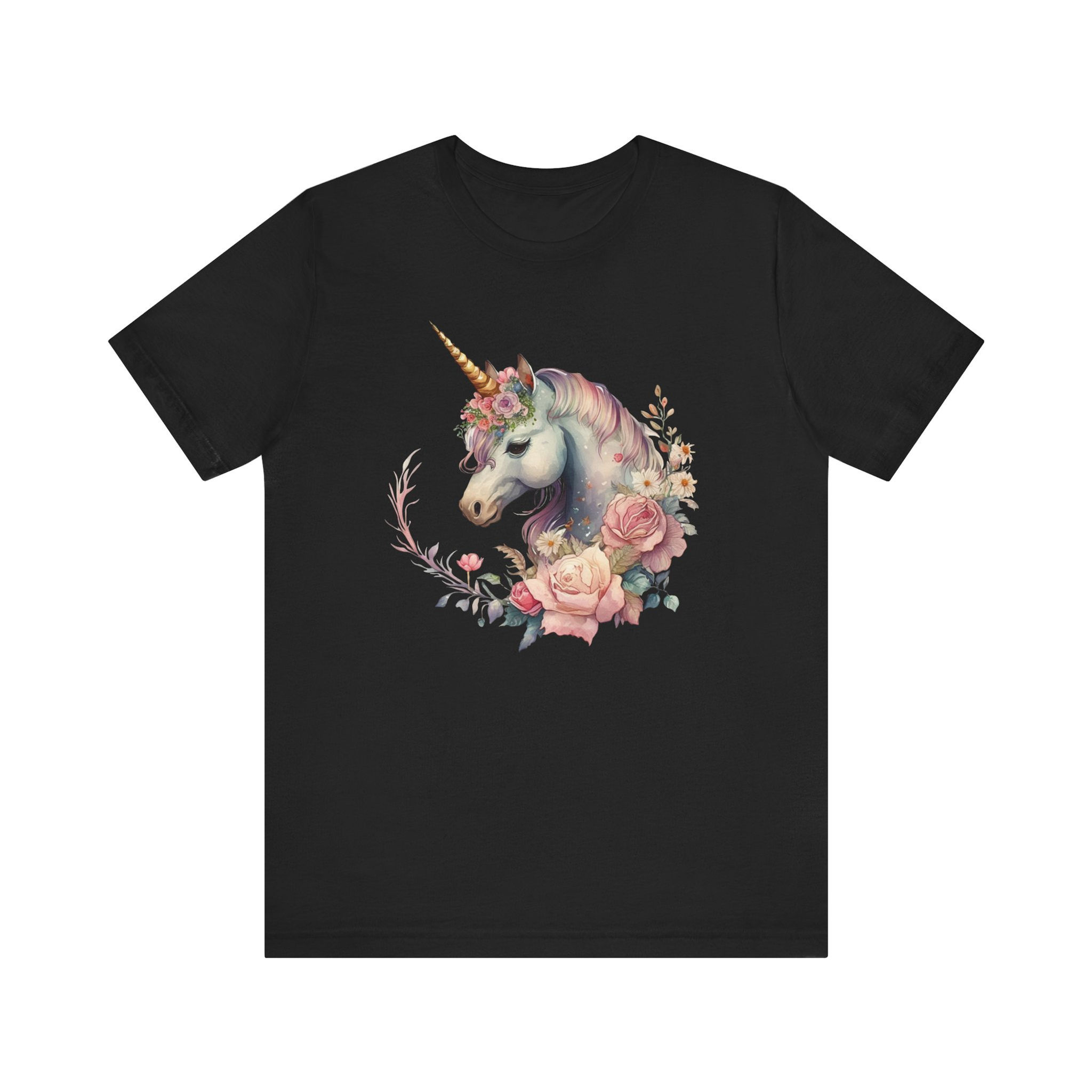 Front view of unicorn surrounded by floral wreath with roses and leaves.