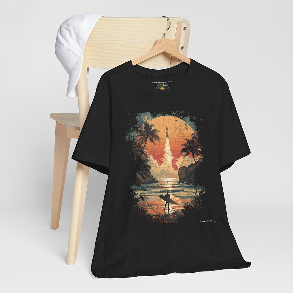 Thumbnail: Front view of UFO Beach rocket launch T-shirt – The OuterMoo.