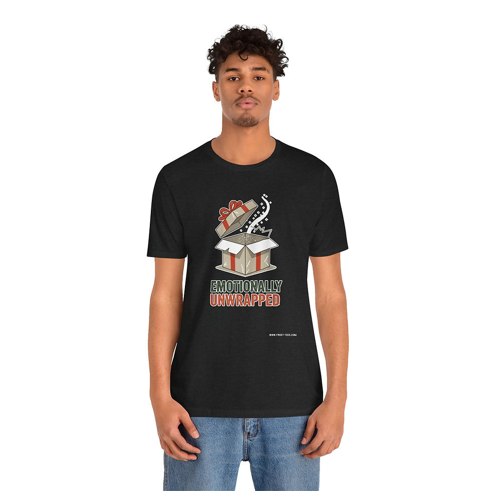 Thumbnail: Model wearing the Emotionally Unwrapped Christmas T-Shirt — Frost-Tees festive apparel.