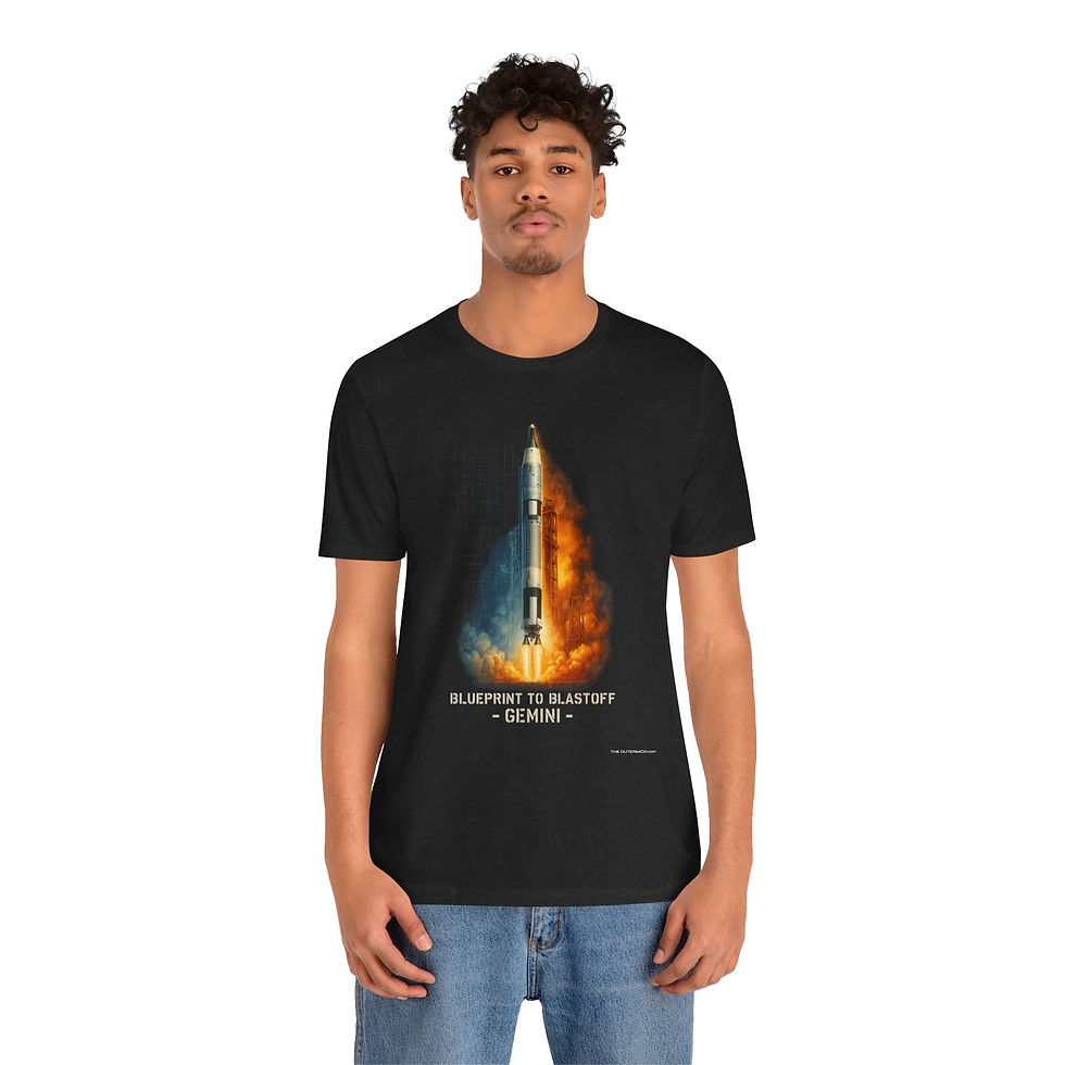 Thumbnail: Model wearing Blueprint to Blast Off Gemini rocket tee for a casual NASA engineer look by The OuterMoo.