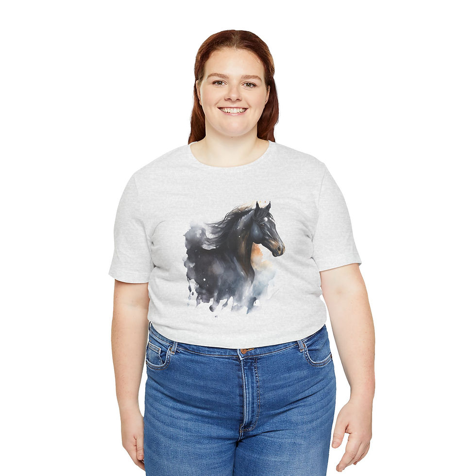 Thumbnail: Model wearing Midnight Mist Watercolor Horse Shirt – expressive horse art.