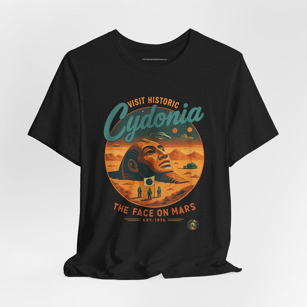 Face on Mars Cydonia Sci-Fi Poster Shirt, Travel Badge Variant front view – Mars exploration shirt.